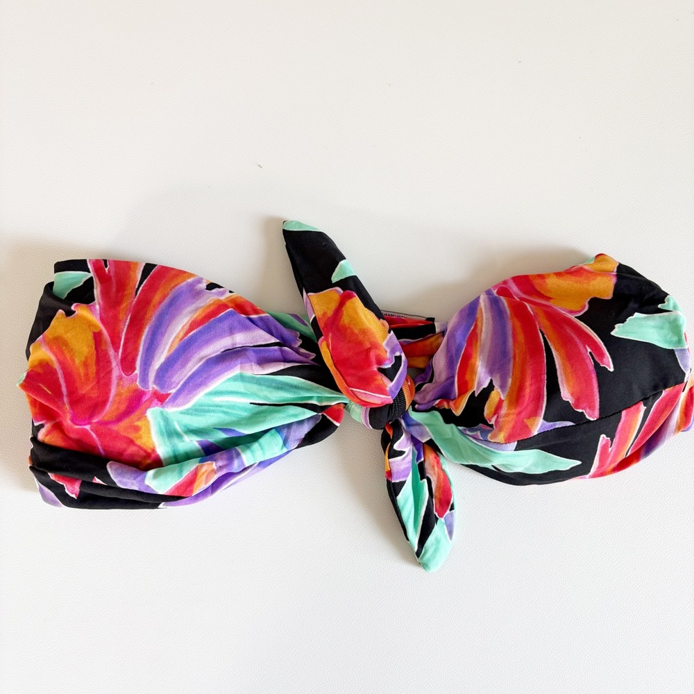 Vincija Swim Womens Black Tropical Floral Retro Front Tie Bandeau Bikini Top 2